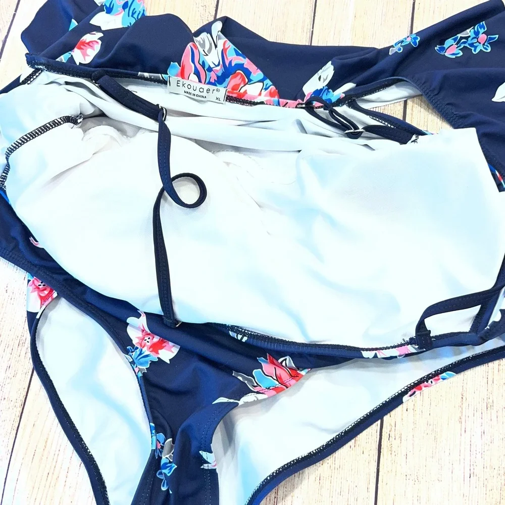 Ekouaer‎ Womens Floral Ruffle Off The Shoulder One Piece Swimsuit Navy Blue XL